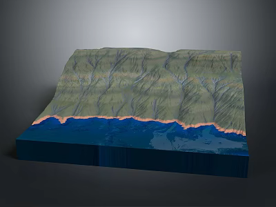 3D Topographic Terrain Model With Green Mountain Ranges And Blue Water Edge 3d model