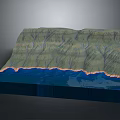 3D Topographic Terrain Model With Green Mountain Ranges And Blue Water Edge