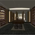 Traditional Chinese Tea House Interior With Wooden Shelves Central Table And Ambient Lighting