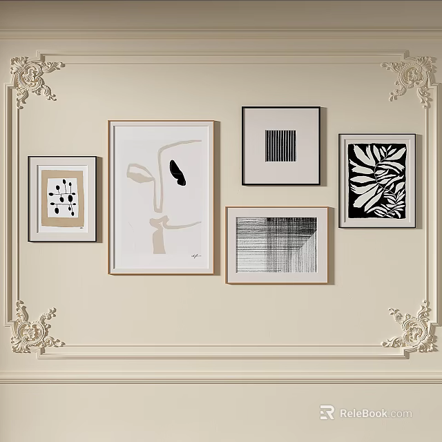 Diverse Abstract Paintings Framed on Decorative Wall with Ornate Borders 3d model