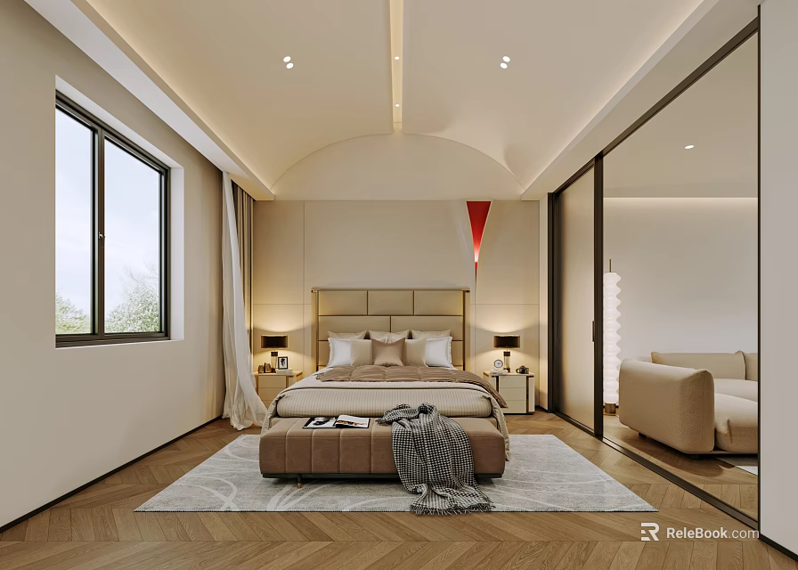 Modern Bedroom Interior With Headboard Nightstand Lamps Window Curtains And Herringbone Floor 3d model 