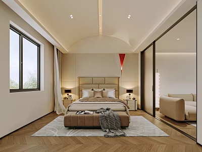 Modern Bedroom Interior With Headboard Nightstand Lamps Window Curtains And Herringbone Floor 3d model