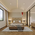 Modern Bedroom Interior With Headboard Nightstand Lamps Window Curtains And Herringbone Floor