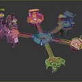 Colorful Cartoon Scene With Intricate Platform Structures And Decorative Buildings Design