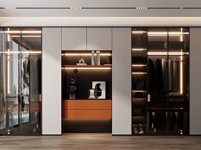 Modern Wardrobe Interior Design With Glass Doors LED Lighting And Open Storage Shelves 3d model