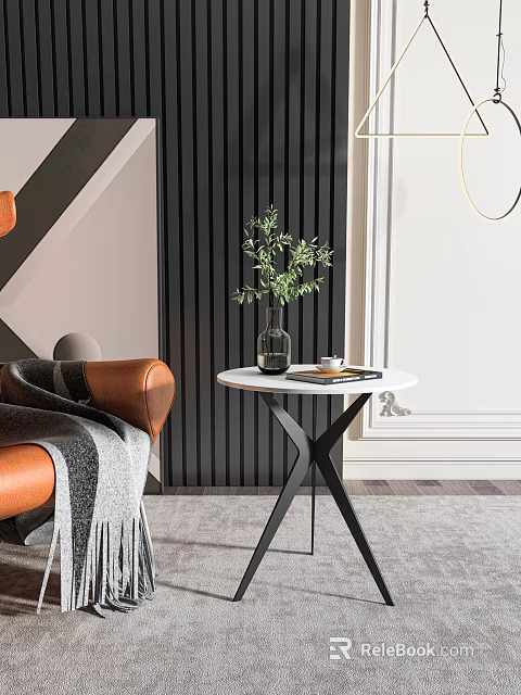 White Round Side Table With Black X Shaped Legs Green Plant And Orange Couch 3d model 