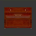 Red Wooden Upright Piano With Carved Details And Black White Keys