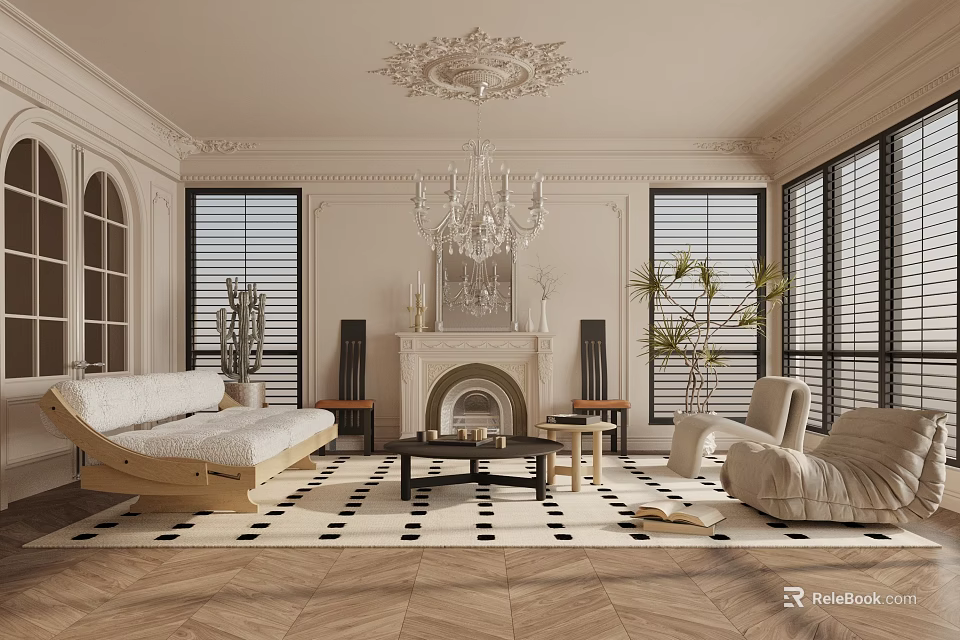 Elegant Living Room Interior With Intricate Ceiling Chandelier Fireplace Black White Rug And Herringbone Floor 3d model 