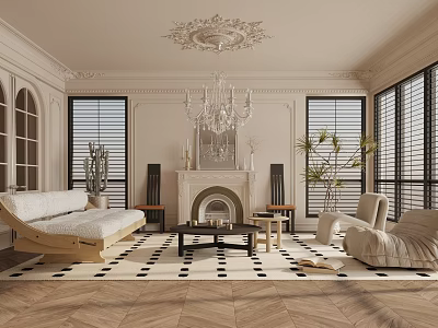 Elegant Living Room Interior With Intricate Ceiling Chandelier Fireplace Black White Rug And Herringbone Floor 3d model