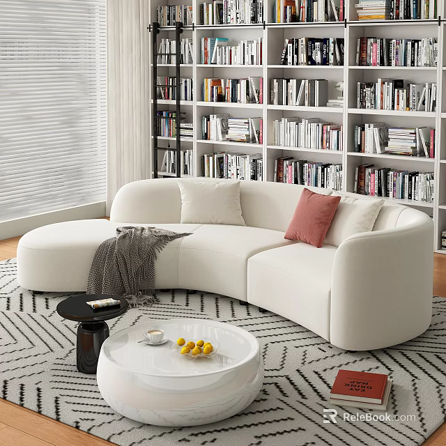Modern Living Room With Curved White Sofa Bookshelf Coffee Table And Rug 3d model 