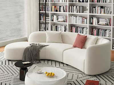 Modern Living Room With Curved White Sofa Bookshelf Coffee Table And Rug 3d model