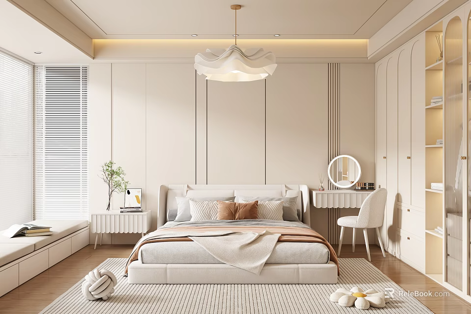 Modern Minimalist Bedroom Interior In Soft Tones With Large Bed Pendant Light And Dressing Table 3d model 