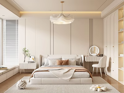 Modern Minimalist Bedroom Interior In Soft Tones With Large Bed Pendant Light And Dressing Table 3d model