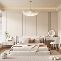 Modern Minimalist Bedroom Interior In Soft Tones With Large Bed Pendant Light And Dressing Table