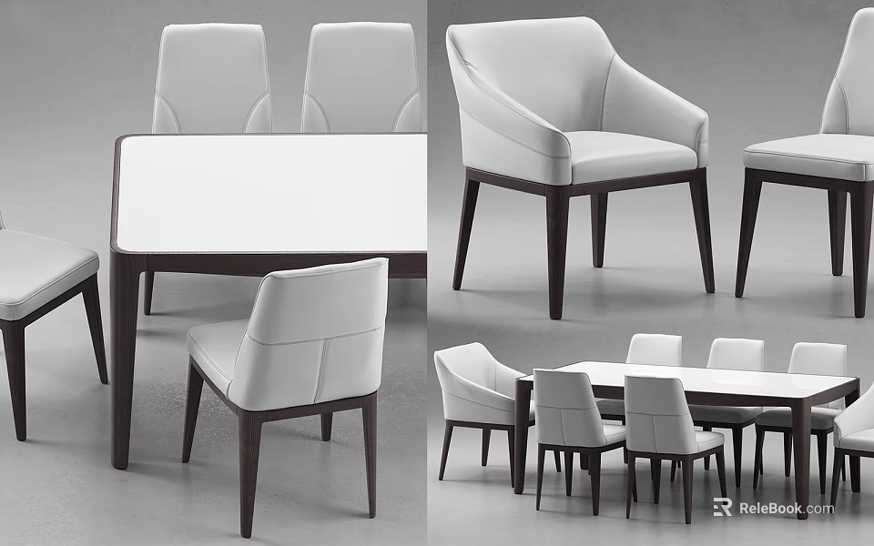 Modern White Dining Table Set With Stylish White Chairs And Dark Wooden Legs 3d model 