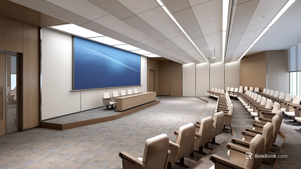 Modern Conference Room Interior Featuring Large Projection Screen Arranged Seats And Ceiling Lights 3d model 