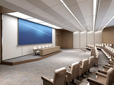 Modern Conference Room Interior Featuring Large Projection Screen Arranged Seats And Ceiling Lights 3d model