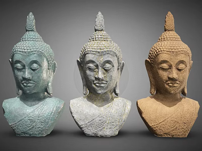 Three Buddha Head Sculptures Intricately Carved With Varied Colors And Classic Features 3d model
