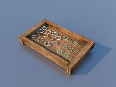 Various Silver Rings Arranged in Wooden Tray for Elegant Jewelry 3d model