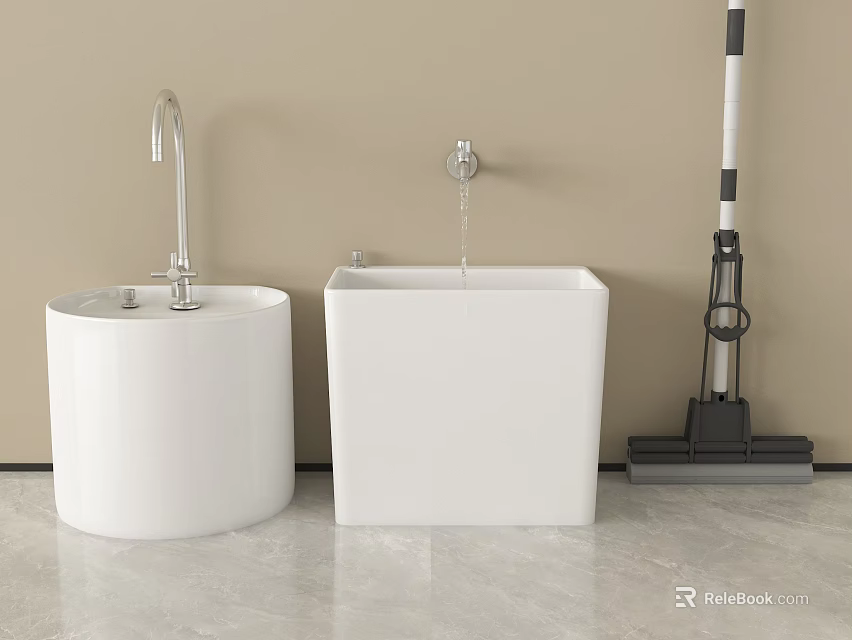Bathroom Accessories Two White Basins Round And Square With Faucets And Mop In Bathroom Setting 3d model 