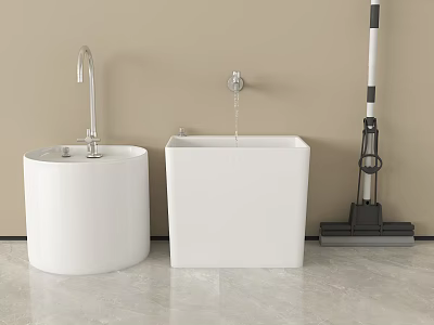 Bathroom Accessories Two White Basins Round And Square With Faucets And Mop In Bathroom Setting 3d model