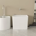 Bathroom Accessories Two White Basins Round And Square With Faucets And Mop In Bathroom Setting
