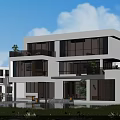 Modern White Detached Villa With Large Glass Windows Balconies Green Plants And Pool