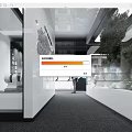 Modern Exhibition Hall with World Map Wall Glass Display Cabinets and Green Plants