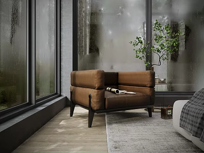 Brown Single Sofa in Modern Indoor Space with Large Windows Green Plant and Wooden Floor 3d model