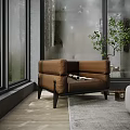 Brown Single Sofa in Modern Indoor Space with Large Windows Green Plant and Wooden Floor