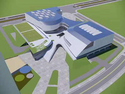 Modern Geometric Architecture Complex With Blue Roofs Sports Field And Surrounding Green Areas 3d model