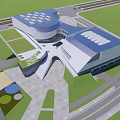 Modern Geometric Architecture Complex With Blue Roofs Sports Field And Surrounding Green Areas