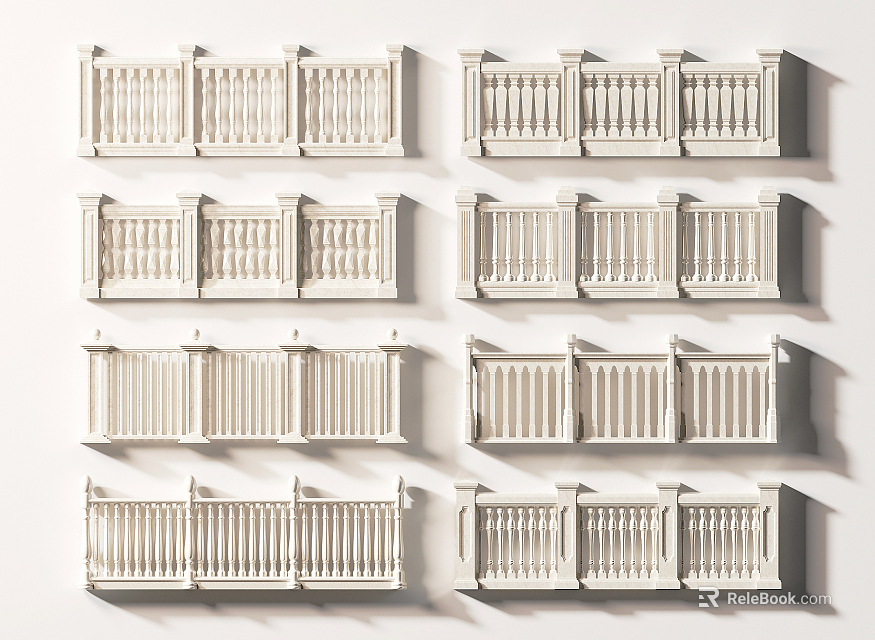White Decorative Railing Designs With Various Classic Styles Ornate Details And Different Patterns 3d model 