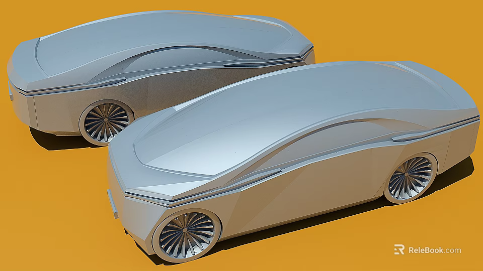 Two Futuristic Silver Concept Cars With Sleek Design On Orange Background 3d model 