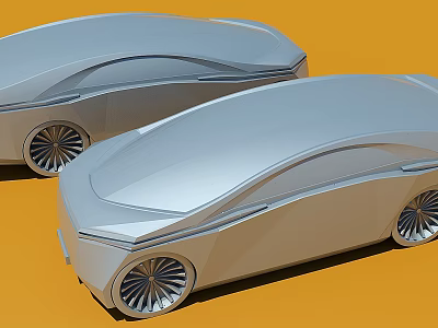 Two Futuristic Silver Concept Cars With Sleek Design On Orange Background 3d model