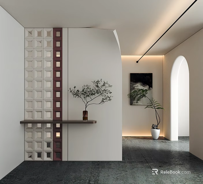 Modern Entryway Hallway Interior Design With Geometric Pattern Wall Wooden Shelf And Potted Plant 3d model 