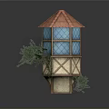 Medieval Style Tower With Red Tiled Roof Blue Lattice Windows And Climbing Plants