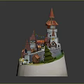 Cartoon Castle Village Scene With Red Pointed Towers Small Houses Green Trees And White Decorations