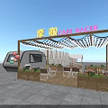 Outdoor Cafe Racer Bar Area With Canopy Tables Chairs Flower Boxes And Food Truck
