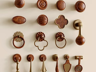Various Decorative Furniture Handles With Wooden And Metal Designs For Cabinets 3d model