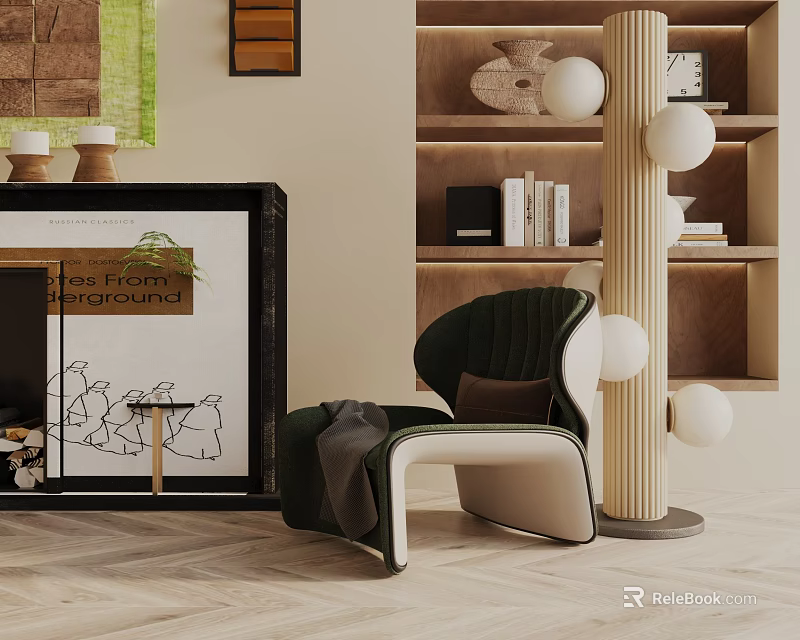 Green Cream Modern Lounge Chair With Decorative Shelves Fireplace Backdrop And Herringbone Floor 3d model 