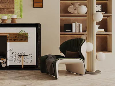 Green Cream Modern Lounge Chair With Decorative Shelves Fireplace Backdrop And Herringbone Floor 3d model