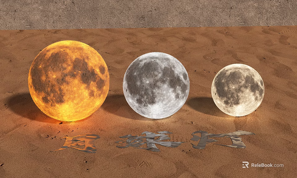 Three Different Colored Moon Shaped Decorative Lights On Sandy Ground 3d model 