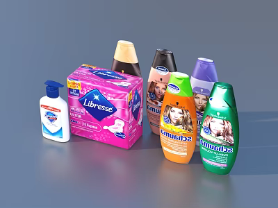 Different Types Of Daily Living Products Including Diapers Shampoo And Skincare Items 3d model