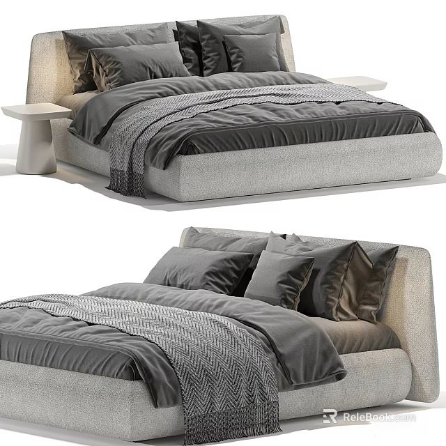 Modern Upholstered Double Bed With Gray Bedspread Plush Pillows And Knit Throw Blanket 3d model