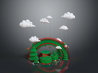 Festive Landscape Featuring Green Curved Arch Red Decorations Small Christmas Trees And White Cloud Balloons 3d model