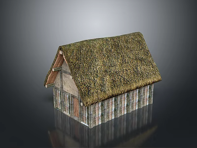 Traditional Cottage Structure With Thatch Roof And Wooden Striped Walls 3d model