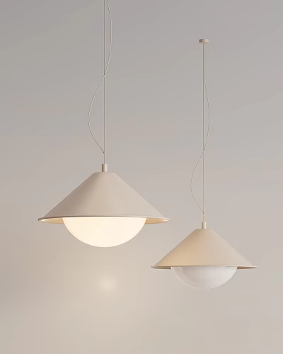 Two Modern Beige Cone Shaped Pendant Lights With White Globe Shades In Minimalist Interior 3d model