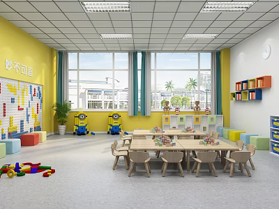 Bright Kindergarten Classroom With Large Windows Colorful Toys And Furniture 3d model
