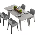 Modern Rectangular Dining Table Set With Four Grey Chairs Plates Glasses And Green Plant 3d model